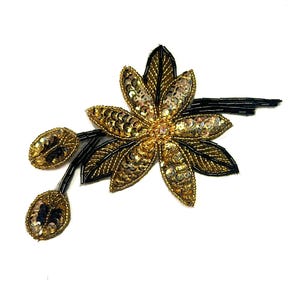 Vintage jaren 60 handgemaakt met pailletten - 15 cm | 15 cm - zwart en goud DECO BLOEM Bloemenapplicaties Vintage couture-versieringen opnaaiende patch [T338]