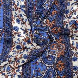 Crinkle Challis - Cornflower Blue / Orange / Cream - Paisley Boho Geometric Henna Floral Print - Apparel Fabric by the Yard [F0084]