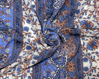 Crinkle Challis - Cornflower Blue / Orange / Cream - Paisley Boho Geometric Henna Floral Print - Apparel Fabric by the Yard [F0084]