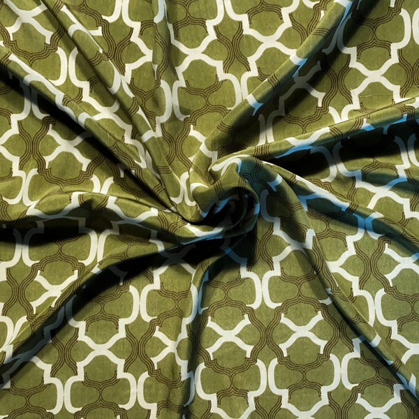 1/2 YD+ Pongee Interlocking Print - Feels like Silk! - Olive / Cream - Retro 60s Vintage - Deadstock Apparel Fabric Remnants [F0051]