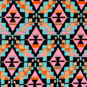 Washed Satin Saturated Chevron Print - Peach / Teal / Black - 3 Colors Available! Tribal Boho Southwest Apparel Fabric by the Yard [F0047]