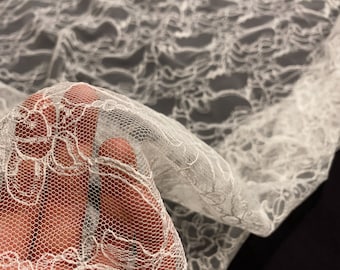 May include: White lace fabric with a delicate floral pattern. The lace is sheer and has a soft, flowing texture.