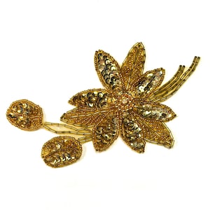 Vintage 60s Sequin & Beaded Handmade - 6&quot; | 15cm - GOLD - DECO FLOWER Floral Appliqué Vintage Couture Embellishments Sew On Patch [T337]