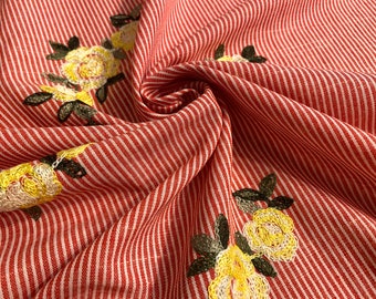 Cotton Yarn Dye Woven Pinstripe Embroidered Yellow Flowers - Linen Look - RED / CREAM - Deadstock Apparel Fabric by the Yard [F1081]