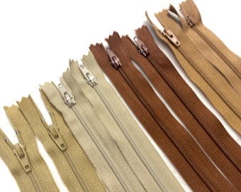 Lot of 8 Vintage YKK Zippers 7” - BROWN / KHAKI - Skin Tone Shades Variety Pack - Designer Deadstock / New Old Stock / Bulk Zippers [Z11-2]