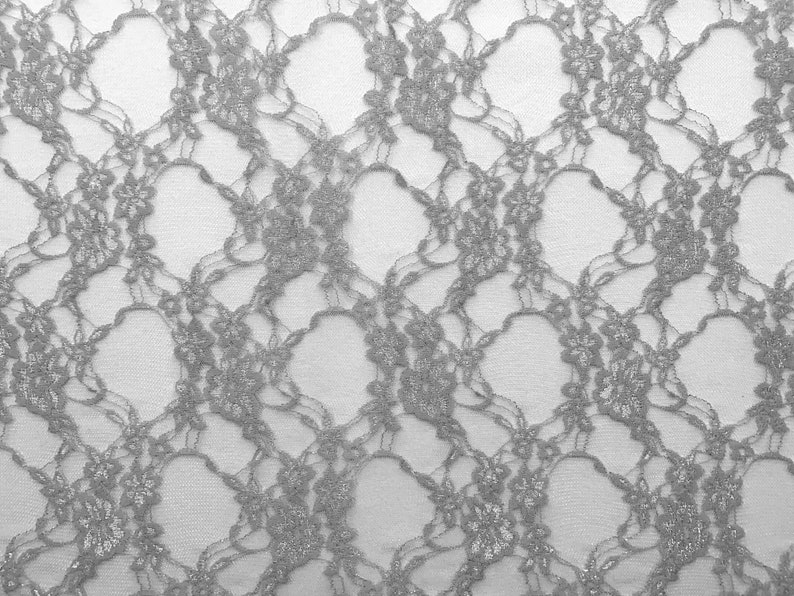May include: A close-up of silver lace fabric with a delicate floral pattern. The lace is soft and sheer, with a subtle shimmer.