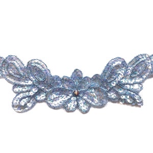Vintage 60s Handmade Beaded 9.5&quot; (24cm) Appliqué Collar - LIGHT BLUE - Rhinestone Mesh Sequin Glass Pearl Sew On Patch [T332]