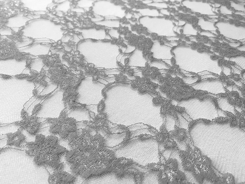 May include: Silver lace fabric with a delicate floral pattern. The lace is sheer and has a subtle shimmer.