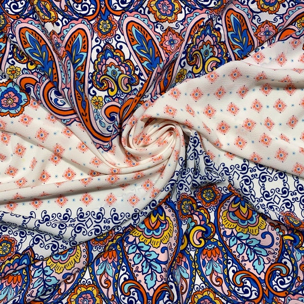 Colorful Stretch Crepe - Ivory / Orange / Blue / Black - Vibrant Paisley Ethnic Print - Boho / Bohemian - Apparel Fabric by the Yard [F0433]