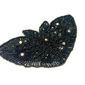 Vintage jaren 60 met pailletten kralen 5" (12,7 cm) schild / geometrische handgemaakte applicatie - ZWART - strass mesh pailletten en parel naaipatch [T335]