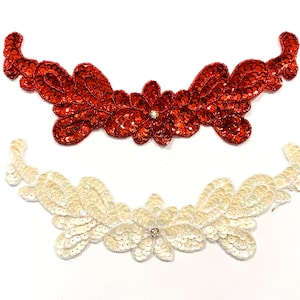 Vintage jaren 60 handgemaakte kralenappliquékraag 9,5" (24 cm) - ROOD | IVOOR - Strass mesh pailletten glasparel naaipatch [T323]