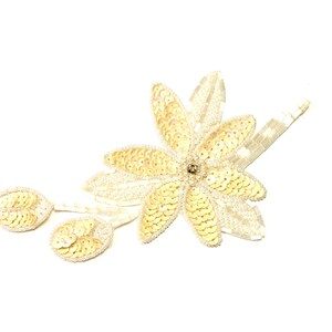 15cm Vintage 60s Sequin Beaded Appliqué: 6" Length Ivory FLOWER Embellishment Sew-On Patch