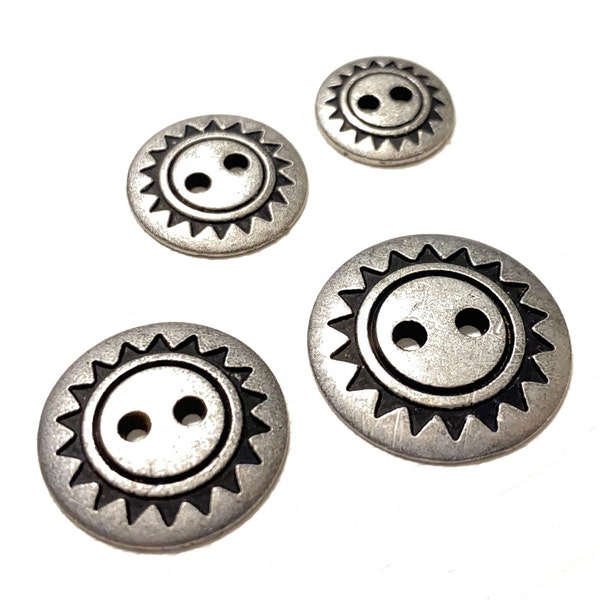 Set of 2-24 Tribal Sun Thick Solid Metal Buttons - 4 Size Options! - Vintage 70s Southwest Cast Metal 2 Hole Button Set [B4741 - B4744]