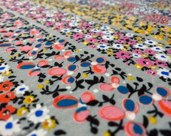 Rayon Challis - Pretty Patchwork Print - Tiny Minimal Floral - Gray / Orange / Pink - Lightweight Flowy - Apparel Fabric by the Yard [F0222]