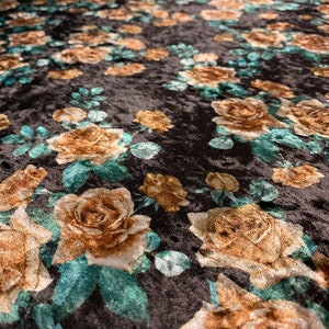 Stretch Velvet Roses - Chocolate Brown / Green - Small Printed Flowers / Floral Print - Apparel Fabric by the Yard [F0497]