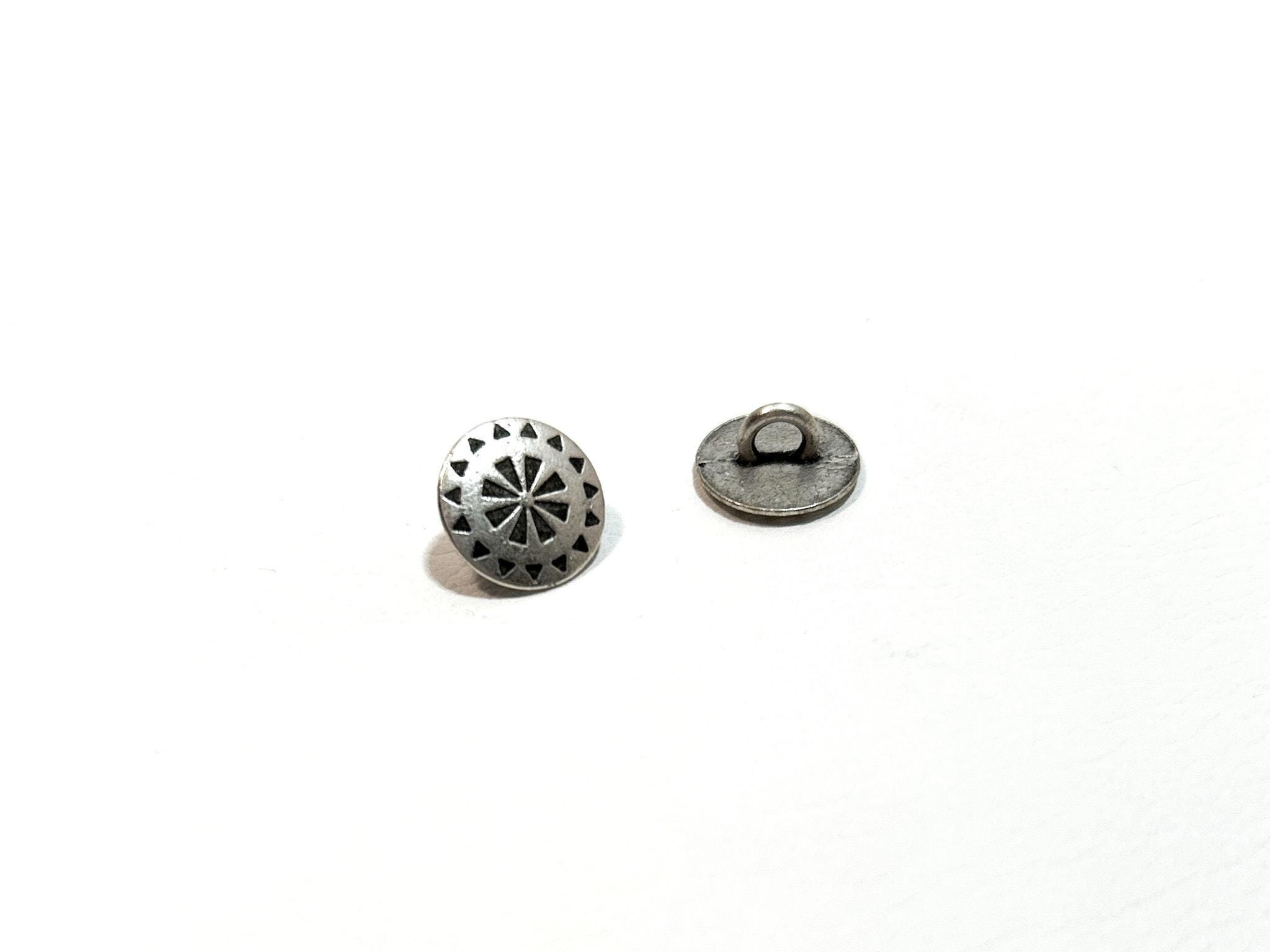 Set of 2-24 TINY 7/16" Cast Metal Silver Shank Buttons - 11mm | 18L - Tooled Leather Geometric Southwest Vintage 70s Metal Buttons [B237]
