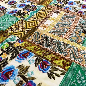 100% Rayon Boho Patchwork Washed Satin Hand - 48" Repeat - Geometric Ethnic Print - Lightweight / Flowy - Apparel Fabric by the Yard [F0930]