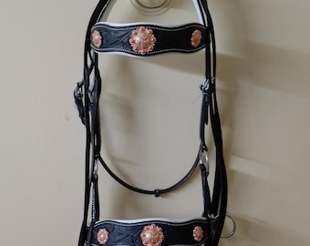 Sidepull Bitless Bridle Black Leather with hand carving copper Cancho +Reins