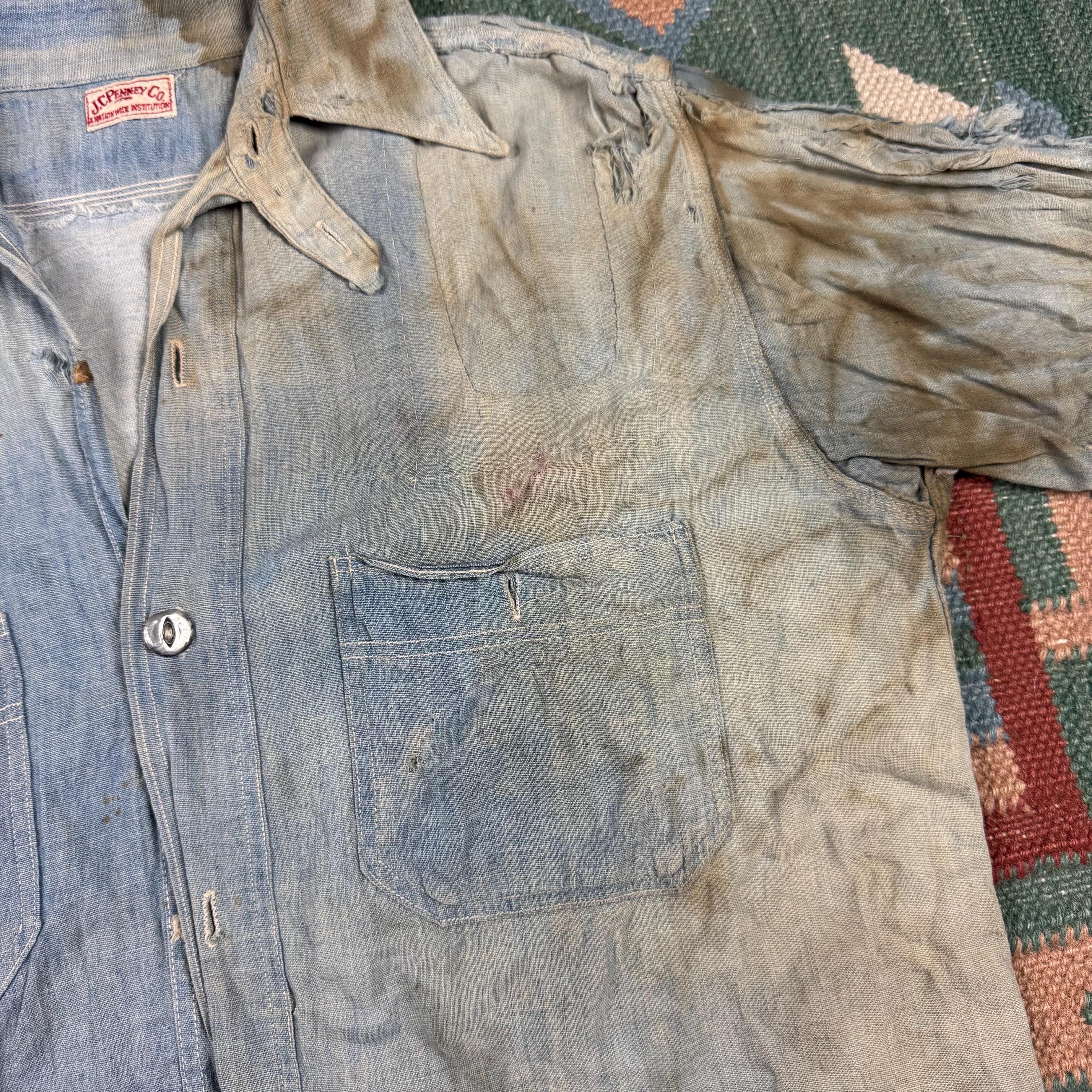 Vintage 1910s 20s Antique JC Penney Chambray Chin Strap Work Shirt