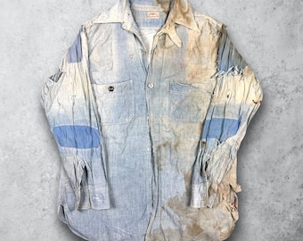 希少 20s Vintage Chambray Chin Strap Shirt Vintage 1920's 20s Peerless Chin Strap Chambray Pullover Work
