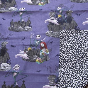 May include: Purple fabric with a repeating pattern of Jack Skellington and Sally from The Nightmare Before Christmas. The fabric has a black and white polka dot backing.