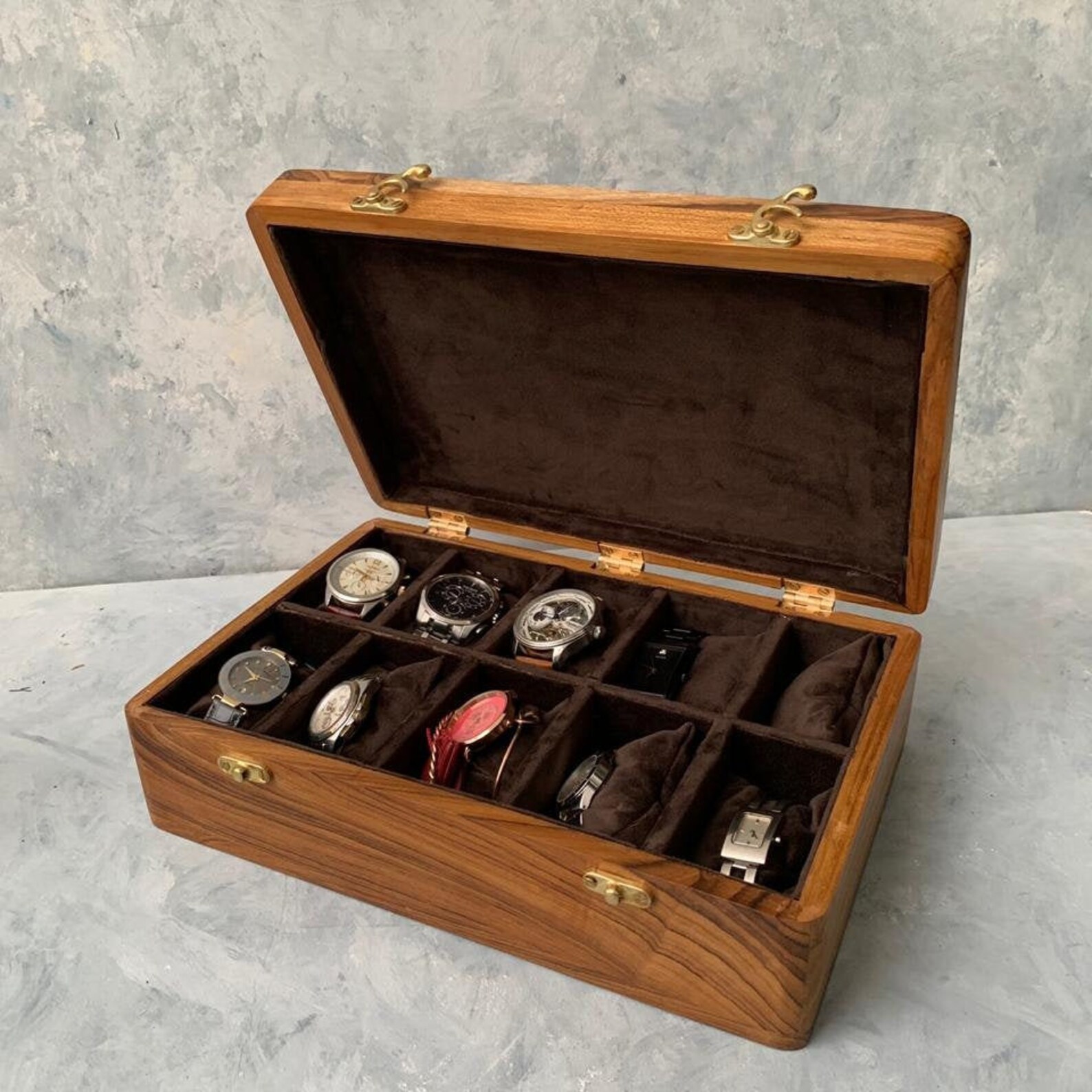 Pure Teak Wood Watch Box Organiser . Holds 10 Watches . Watches as Demo