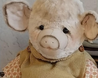 Vintage Pig toy OOAK Teddy Artificial stuffed animal Soft sculpture pet Collection Faux taxidermy Plush art doll Lifelike replica Decor