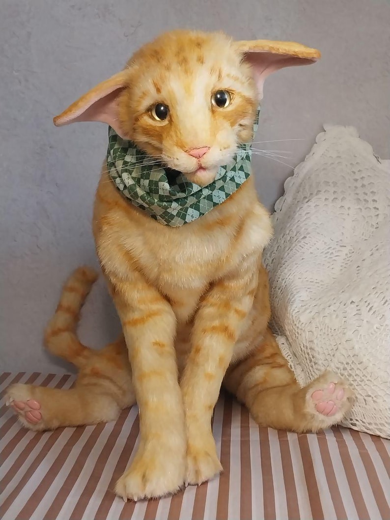 Realistic soft stuffed orange tabby Oriental breed cat toy has yellow taxidermy eyes, pink colored polymer clay paws, white translucent polymer clay claws, and artificial whiskers. The cat  has a green scarf with a diamond pattern. Perfect for collectors, gifts, memorial pet, and home decor.