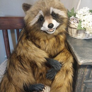Realistic artificial stuffed raccoon toy made of faux fur and tinted with paints. It has cute exotic look with black glass eyes and black polymer clay nose. Has opened mouth with a tongue and teeth.
