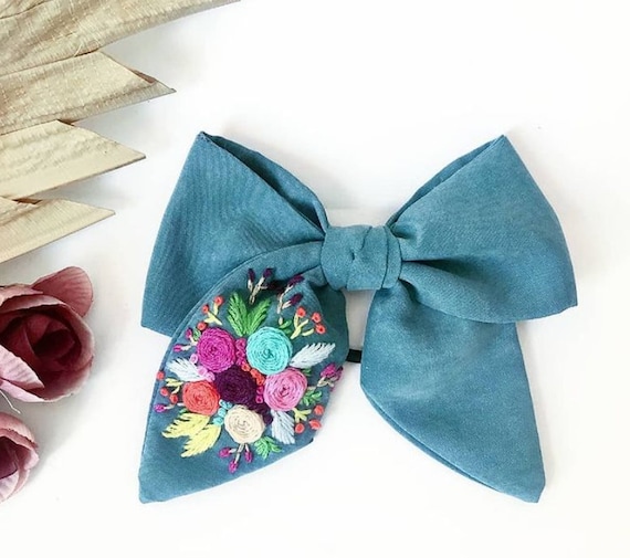 Hand Embroidered Hair Bow, Floral Hair Bow, Hair Tie, Hair  display picture 1