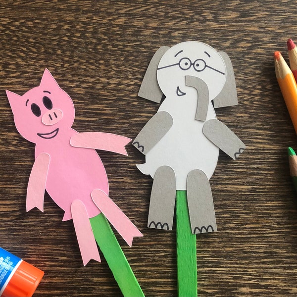 Elephant and Piggie SVG Popsicle Stick Puppet Download- a Mo Willems inspired SVG and PDF for Cricut, Silhouette, or hand cutting