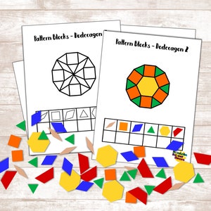 May include: Two printable worksheets for kids to practice geometric shapes. The worksheets feature a dodecagon shape and a set of pattern blocks to use to fill in the shape. The title of the worksheets is "Pattern Blocks - Dodecagon" and "Pattern Blocks - Dodecagon 2".