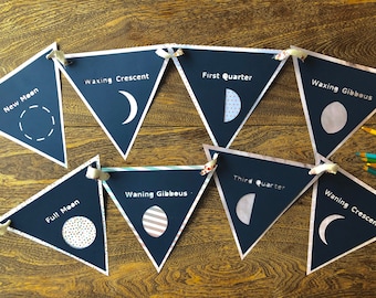 Moon Phases Banner Cut File and Printable- Moon Phases Bunting SVG- a classroom and homeschool astronomy decoration for Cricut and hand cut