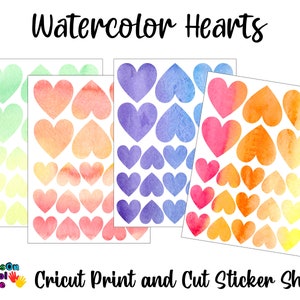 Adesivos para impressão e corte Cricut - adesivos de coração em aquarela para impressão e corte, adesivos para scrapbooking, adesivos para professores (png)