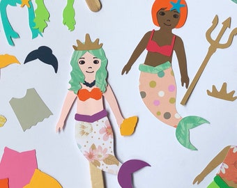 Mermaid Popsicle Stick Puppet Download- a downloadable creative play SVG and PDF for Cricut, Silhouette, or hand cutting