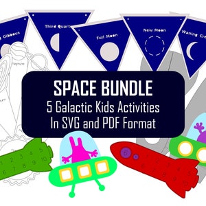 Puede incluir: Un conjunto de cinco actividades imprimibles sobre el espacio para niños. Las actividades incluyen un cohete, un OVNI, una pancarta de fases lunares, un sistema solar y una actividad de conteo. Las actividades están disponibles en formato SVG y PDF. El texto "SPACE BUNDLE" y "5 Galactic Kids Activities In SVG and PDF Format" se muestra en una pancarta azul.