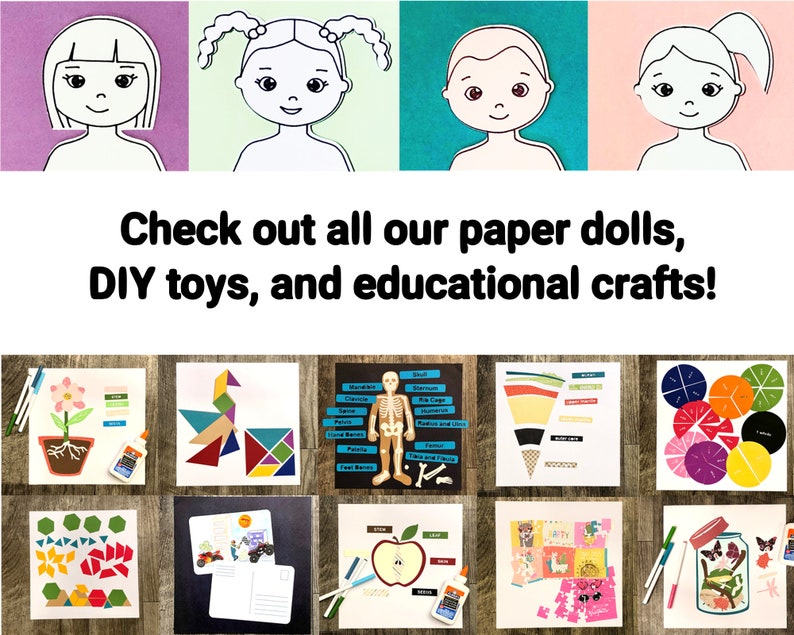 May include: A collection of educational crafts and DIY toys for kids. The crafts include paper dolls, a skeleton, a flower, a geometric puzzle, a fraction circle, an ice cream cone, an apple, a butterfly jar, and a postcard.