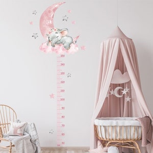 Babygroeimeterstickers, babywandkaart, kindergroeimeter, dierengroeimeter, Savannah-meting, meisjeskamersticker, roze olifantsticker