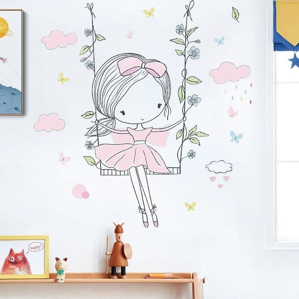 Stickers chambre fille, autocollant mural bébé, princesse, petite fille sur la balançoire
