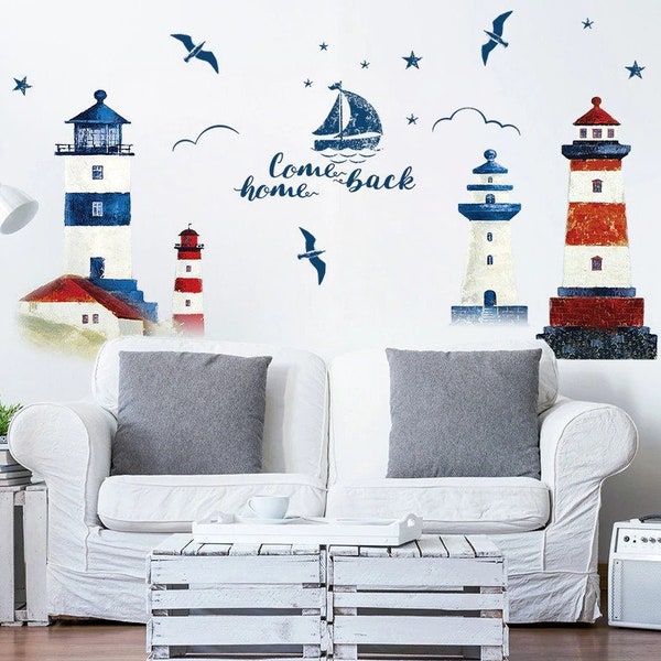 Stickers chambre bébé, stickers muraux enfants, autocollant animaux, sticker garçon, mer, océan, marin, bateau, voilier, navigation, phare