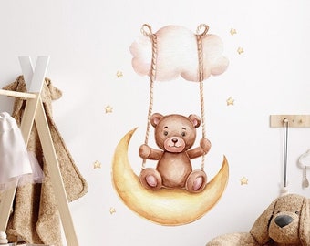 Baby room stickers, girl wall stickers, cute animal sticker, little bear on the moon swing