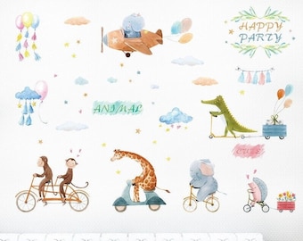 Babyzimmeraufkleber, Mädchen oder Junge Wandaufkleber, Aufkleber Niedliche Tiere auf dem Fahrrad, Transport