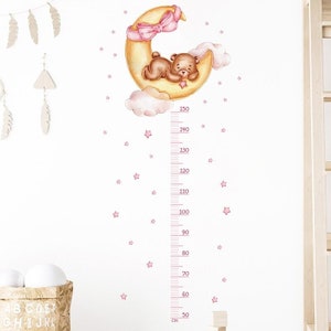 Babygroeimeterstickers, babywandkaart, kindergroeimeter, dierengroeimeter, beermeting, meisjeskamersticker, roze beersticker