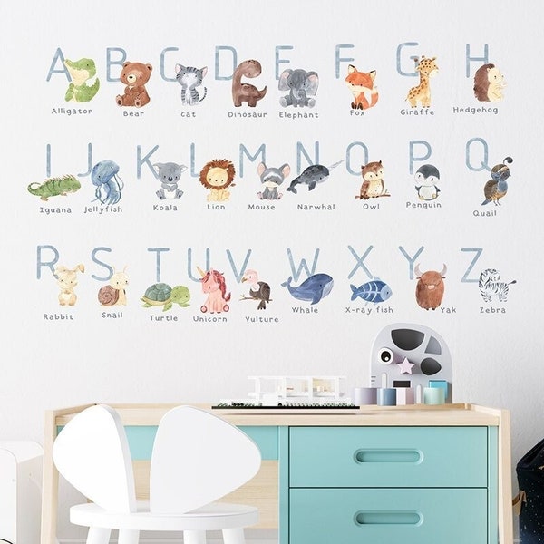 Stickers chambre bébé, stickers muraux enfants, autocollant chambre fille, sticker chambre garçon, sticker alphabet, animaux, éducatif