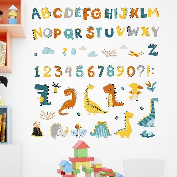 Stickers chambre bébé, stickers muraux enfants, autocollant chambre garçon, sticker alphabet, nombres, dinosaures
