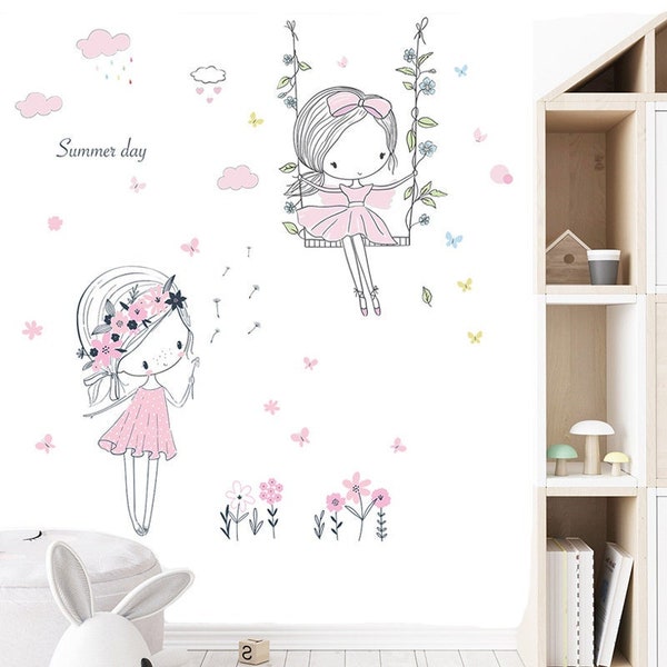 Stickers chambre fille, autocollant mural bébé, princesse, petite fille sur la balançoire, rose