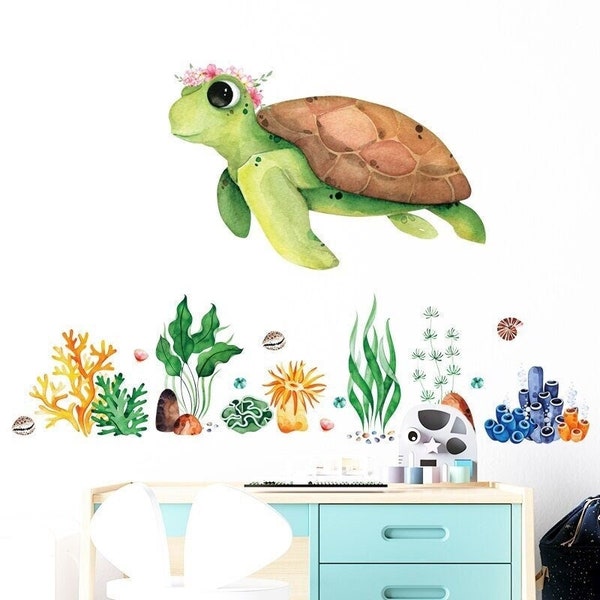 Stickers chambre bébé, stickers muraux enfants, autocollant animaux, sticker mer, sticker océan, sticker marin, tortue, stickers fille