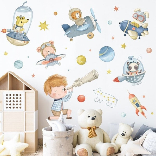 Stickers chambre bébé, stickers muraux enfants, autocollant planète, espace, univers, lune, astronaute, fusée, avion, transport