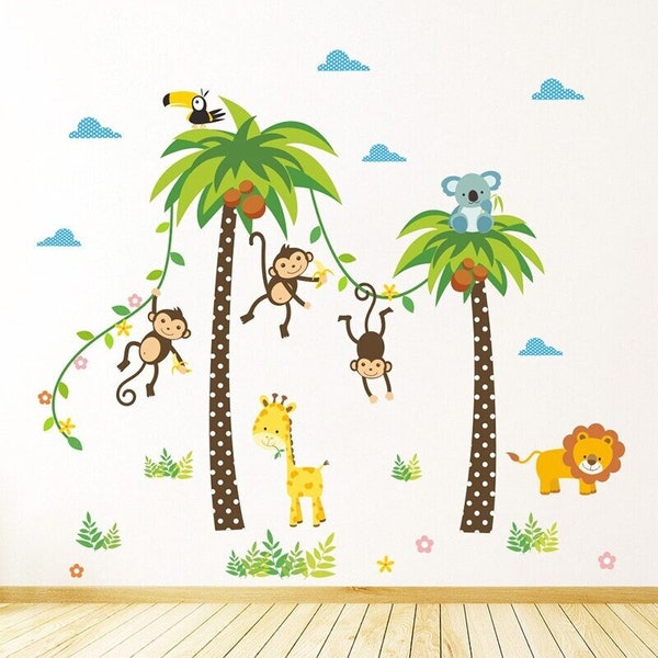 Stickers chambre bébé, stickers muraux enfants, autocollant animaux mignons, petits singes dans les arbres