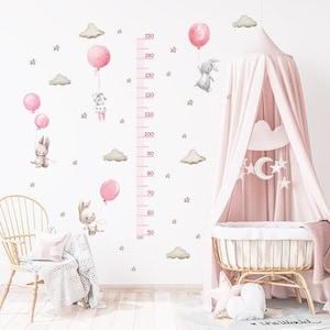 Babykamer stickers, Baby Muur Toise, Kind Toise, Dierlijke Toise, Toise Sticker, Maat Sticker, Meisje Roze Konijn Kamer Sticker